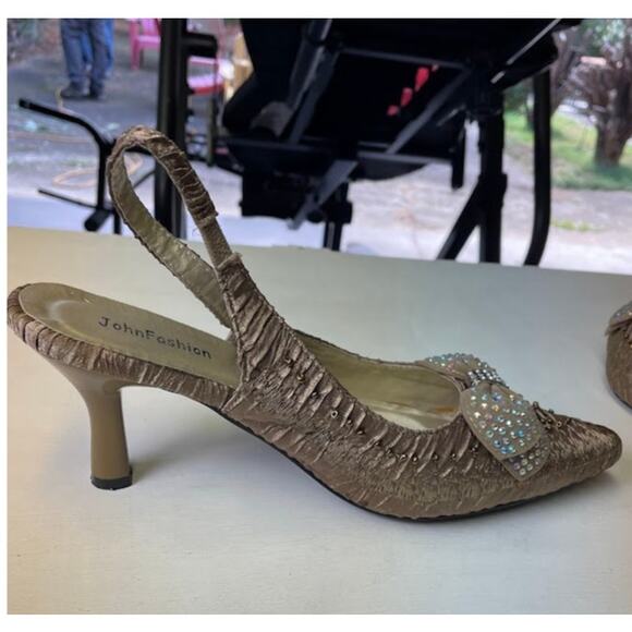 Sling Back Kitten Heels Champaign Embellished Bow Whimsical Dress Shoes Fairy - Picture 6 of 12